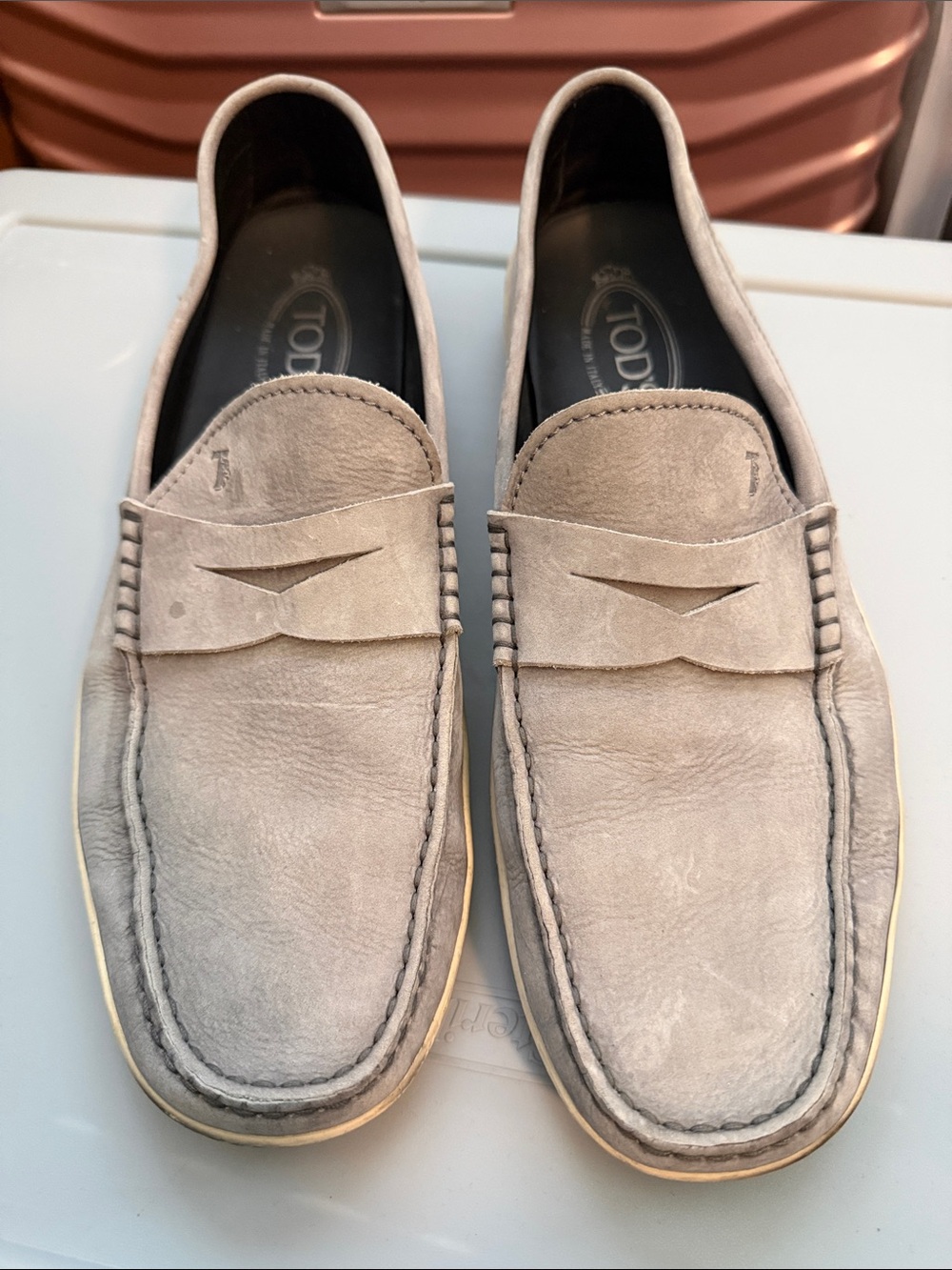 Tod's Light Gray Suede Penny Loafers